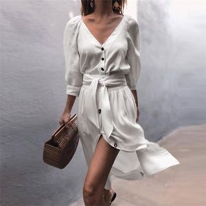V-Neck White Button-Front Tie-Waist Midi Dress